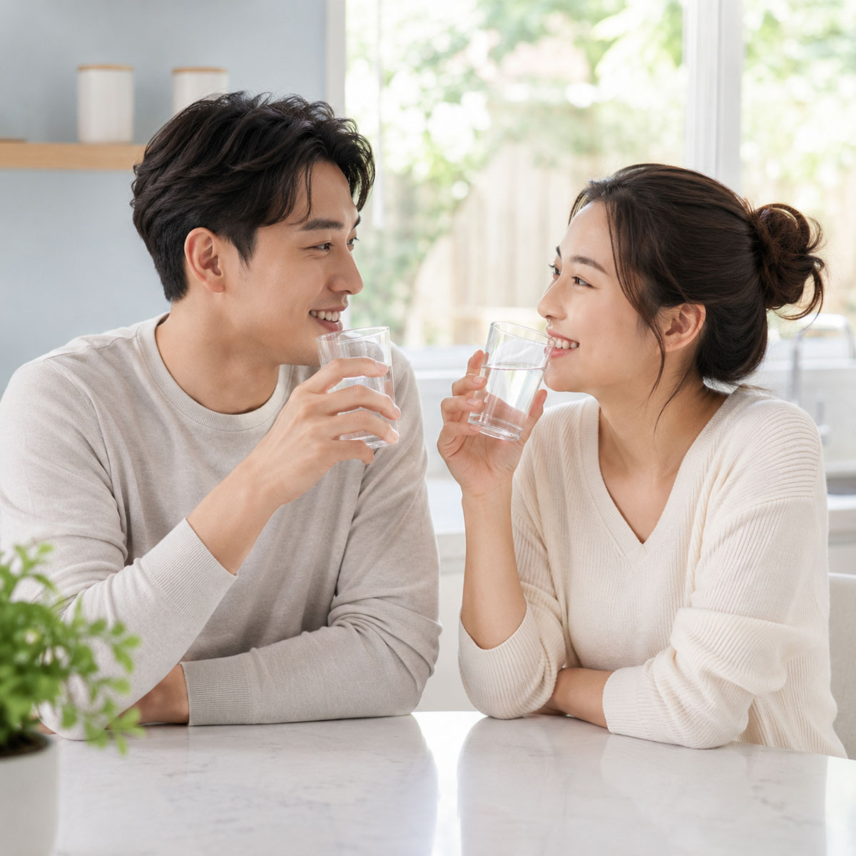 A young couple drinking clean water.